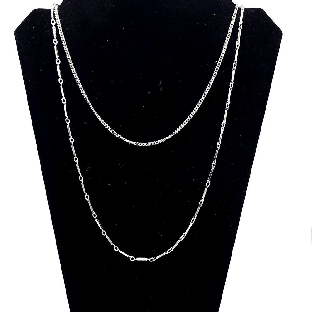 Silver Tone Layered Chain Necklace Curb Bar Link Minimalist Modern
